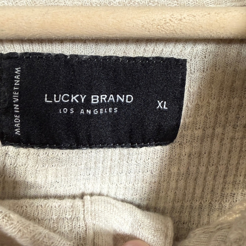 Lucky Brand Size XL Henley Shirt Hoodie Tan Cotton Cloud Waffle Button Pullover - Picture 6 of 9